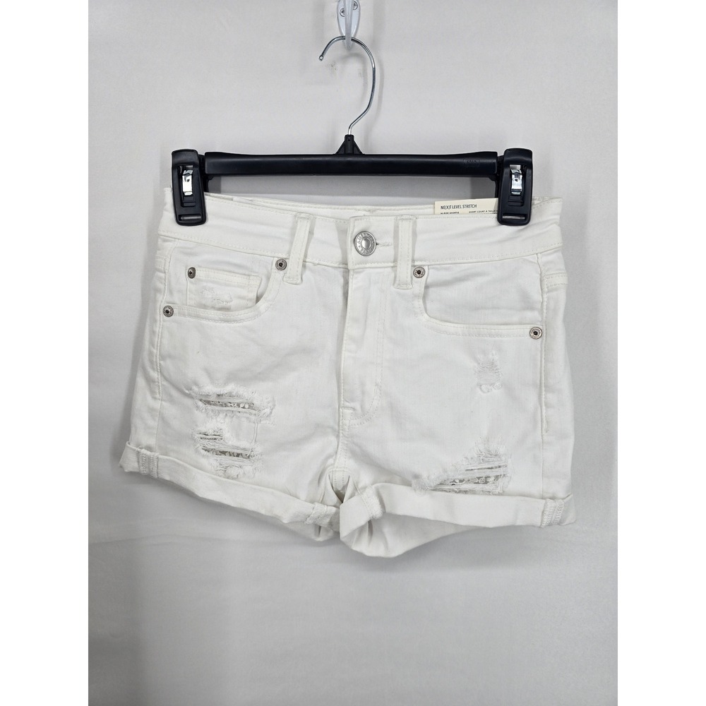 American Eagle White Hi-Rise Shortie Distressed DenimShorts Ne(x)t Level Stretch